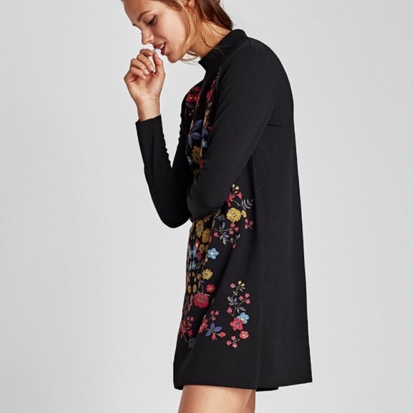 Zara Floral Rubberized Embroidery Black Mini Dress size L - Picture 9 of 11